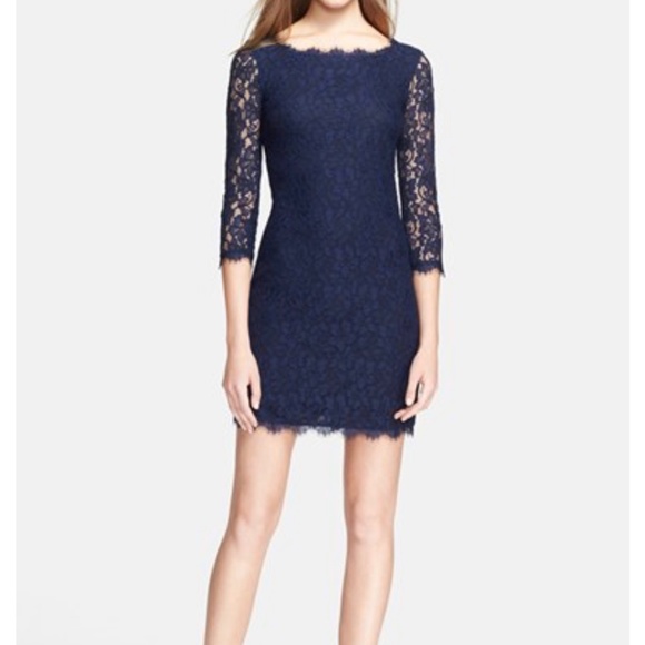 Diane von Furstenberg Zarita Blue Lace Shift Blue Mini Dress Long Sleeve SZ 0 - Picture 1 of 2